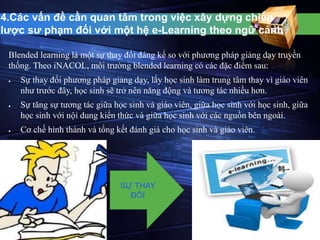 4.Các vấn đề cần quan tâm trong việc xây dựng chiến 
lược sư phạm đối với một hệ e-Learning theo ngữ cảnh 
Blended learning là một sự thay đổi đáng kể so với phương pháp giảng dạy truyền 
thống. Theo iNACOL, môi trường blended learning có các đặc điểm sau: 
 Sự thay đổi phương pháp giảng dạy, lấy học sinh làm trung tâm thay vì giáo viên 
như trước đây, học sinh sẽ trở nên năng động và tương tác nhiều hơn. 
 Sự tăng sự tương tác giữa học sinh và giáo viên, giữa học sinh với học sinh, giữa 
học sinh với nội dung kiến thức và giữa học sinh với các nguồn bên ngoài. 
 Cơ chế hình thành và tổng kết đánh giá cho học sinh và giáo viên. 
SỰ THAY 
ĐỔI 
 