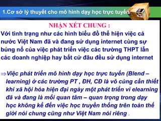 1.Cơ sở lý thuyết cho mô hình dạy học trực tuyến 
NHẬN XÉT CHUNG : 
Với tình trạng như các hình biểu đồ thể hiện việc cả 
nước Việt Nam đã và đang sử dụng internet cùng sự 
bủng nổ của việc phát triển việc các trường THPT lẫn 
các doanh nghiệp hay bất cứ đâu đều sử dụng internet 
Việc phát triển mô hình dạy học trực tuyến (Blend – 
learning) ở các trường PT , ĐH, CĐ là vô cùng cần thiết 
khi xã hội hóa hiện đại ngày một phát triển vì elearning 
đã và đang là mối quan tâm – quan trọng trong dạy 
học không kể đến việc học truyền thống trên toàn thế 
giới nói chung cũng như Việt Nam nói riêng . 
 