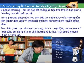 1.Cơ sở lý thuyết cho mô hình dạy học trực tuyến 
Bleaded learning – sự kết hợp tốt nhất giữa học trên lớp và học online 
để nâng cao kết quả học tập : 
Trong phương pháp này, học sinh tiếp tục nhận được các hướng dẫn 
trên lớp từ giáo viên và tham gia các hoạt động trên lớp truyền thống 
khác. 
Tuy nhiên, việc học sẽ được bổ sung bởi các hoạt động online, một số 
hoạt động sẽ mang tính tự định hướng và tự học, một số sẽ khuyến 
khích sự hợp tác. 
Học kết 
hợp tập 
trung 
vào việc 
học viên 
tự thân 
học tập 
 