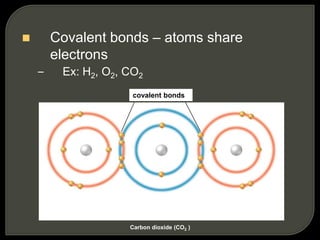  Covalent bonds – atoms share
electrons
– Ex: H2, O2, CO2
covalent bonds
Oxygen atom (O) Carbon atom (C) Oxygen atom (O)
Carbon dioxide (CO2 )
 