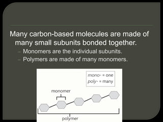Many carbon-based molecules are made of
many small subunits bonded together.
– Monomers are the individual subunits.
– Polymers are made of many monomers.
 