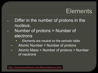 – Differ in the number of protons in the
nucleus.
– Number of protons = Number of
electrons
 Elements are neutral on the periodic table
– Atomic Number = Number of protons
– Atomic Mass = Number of protons + Number
of neutrons
http://www.privatehand.com/flash/elements.html
 