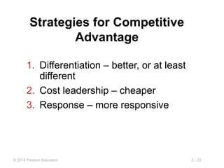 2 - 23
© 2014 Pearson Education
Strategies for Competitive
Advantage
1. Differentiation – better, or at least
different
2. Cost leadership – cheaper
3. Response – more responsive
 