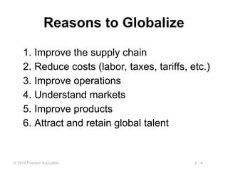 2 - 4
© 2014 Pearson Education
Reasons to Globalize
1. Improve the supply chain
2. Reduce costs (labor, taxes, tariffs, etc.)
3. Improve operations
4. Understand markets
5. Improve products
6. Attract and retain global talent
 