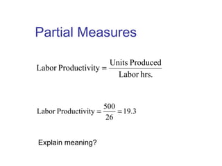 Partial Measures
hrs.Labor
ProducedUnits
tyProductiviLabor =
3.19
26
500
tyProductiviLabor ==
Explain meaning?
 