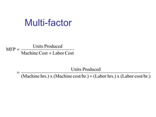 Multi-factor
cost/hr.)(Laborxhrs.)(Laborcost/hr.)(Machinexhrs.)(Machine
ProducedUnits
CostLaborCostMachine
ProducedUnits
MFP
+
=
+
=
 