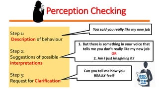 Perception Checking
Step 1:
Description of behaviour
Step 2:
Suggestions of possible
interpretations
Step 3:
Request for Clarification
YYou said you really like my new job
1. But there is something in your voice that
tells me you don’t really like my new job
OR
2. Am I just imagining it?
Can you tell me how you
REALLY feel?
 