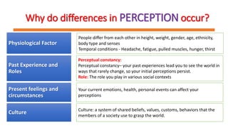 Why do differences in PERCEPTION occur?
Physiological Factor
Past Experience and
Roles
Present feelings and
circumstances
Culture
People differ from each other in height, weight, gender, age, ethnicity,
body type and senses
Temporal conditions - Headache, fatigue, pulled muscles, hunger, thirst
Perceptual constancy:
Perceptual constancy– your past experiences lead you to see the world in
ways that rarely change, so your initial perceptions persist.
Role: The role you play in various social contexts
Your current emotions, health, personal events can affect your
perceptions
Culture: a system of shared beliefs, values, customs, behaviors that the
members of a society use to grasp the world.
 