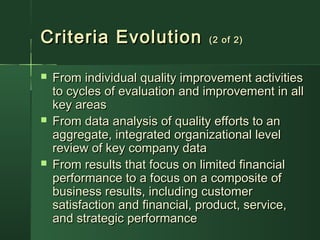 Criteria EvolutionCriteria Evolution (2 of 2)(2 of 2)
 From individual quality improvement activitiesFrom individual quality improvement activities
to cycles of evaluation and improvement in allto cycles of evaluation and improvement in all
key areaskey areas
 From data analysis of quality efforts to anFrom data analysis of quality efforts to an
aggregate, integrated organizational levelaggregate, integrated organizational level
review of key company datareview of key company data
 From results that focus on limited financialFrom results that focus on limited financial
performance to a focus on a composite ofperformance to a focus on a composite of
business results, including customerbusiness results, including customer
satisfaction and financial, product, service,satisfaction and financial, product, service,
and strategic performanceand strategic performance
 