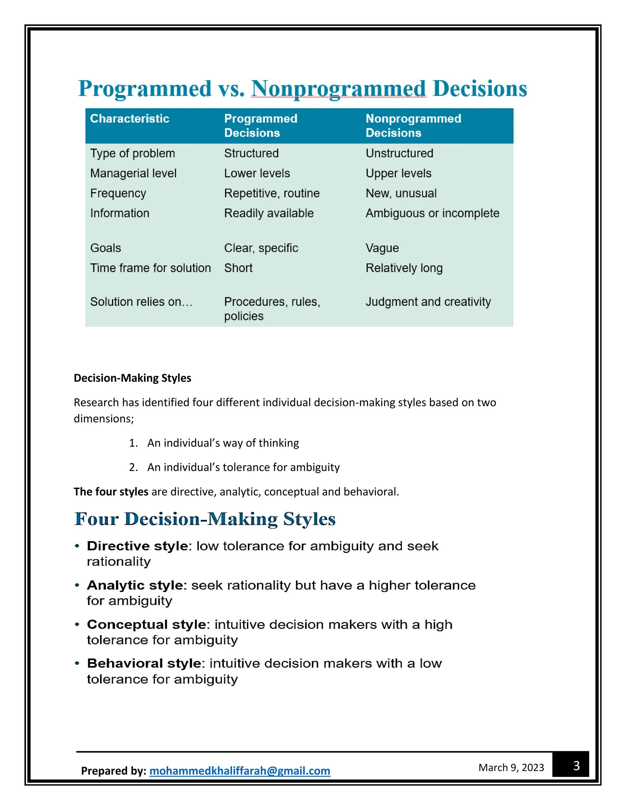 3
March 9, 2023
Prepared by: mohammedkhaliffarah@gmail.com
Decision-Making Styles
Research has identified four different individual decision-making styles based on two
dimensions;
1. An individual’s way of thinking
2. An individual’s tolerance for ambiguity
The four styles are directive, analytic, conceptual and behavioral.
 