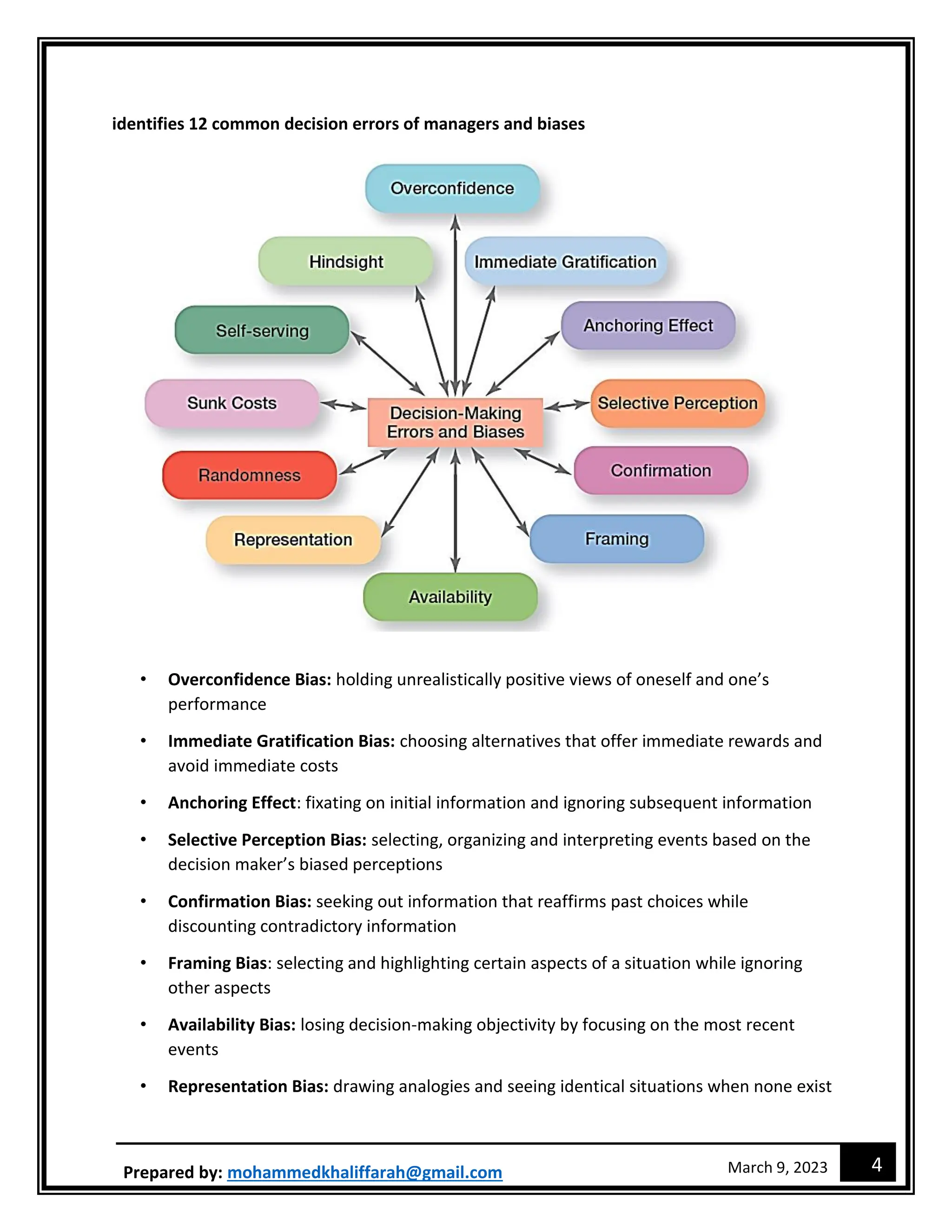 4
March 9, 2023
Prepared by: mohammedkhaliffarah@gmail.com
identifies 12 common decision errors of managers and biases
• Overconfidence Bias: holding unrealistically positive views of oneself and one’s
performance
• Immediate Gratification Bias: choosing alternatives that offer immediate rewards and
avoid immediate costs
• Anchoring Effect: fixating on initial information and ignoring subsequent information
• Selective Perception Bias: selecting, organizing and interpreting events based on the
decision maker’s biased perceptions
• Confirmation Bias: seeking out information that reaffirms past choices while
discounting contradictory information
• Framing Bias: selecting and highlighting certain aspects of a situation while ignoring
other aspects
• Availability Bias: losing decision-making objectivity by focusing on the most recent
events
• Representation Bias: drawing analogies and seeing identical situations when none exist
 