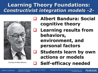 Integrating Educational Technology into Teaching
(7e) by M. D. Roblyer
Copyright © 2016, 2013, 2010 by Pearson Education, Inc.
All Rights Reserved
Learning Theory Foundations:
Constructivist integration models -2-
 Albert Bandura: Social
cognitive theory
 Learning results from
behaviors,
environment, and
personal factors
 Students learn by own
actions or models
 Self-efficacy neededCourtesy of Albert Bandura
 