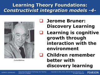 Integrating Educational Technology into Teaching
(7e) by M. D. Roblyer
Copyright © 2016, 2013, 2010 by Pearson Education, Inc.
All Rights Reserved
Learning Theory Foundations:
Constructivist integration models -4-
 Jerome Bruner:
Discovery Learning
 Learning is cognitive
growth through
interaction with the
environment
 Children remember
better with
discovery learning
Corbis/Bettman
 