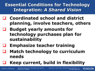 Integrating Educational Technology into Teaching
(7e) by M. D. Roblyer
Copyright © 2016, 2013, 2010 by Pearson Education, Inc.
All Rights Reserved
Essential Conditions for Technology
Integration: A Shared Vision
 Coordinated school and district
planning, involve teachers, others
 Budget yearly amounts for
technology purchases plan for
sustainability
 Emphasize teacher training
 Match technology to curriculum
needs
 Keep current, build in flexibility
 