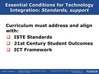 Integrating Educational Technology into Teaching
(7e) by M. D. Roblyer
Copyright © 2016, 2013, 2010 by Pearson Education, Inc.
All Rights Reserved
Curriculum must address and align
with:
 ISTE Standards
 21st Century Student Outcomes
 ICT Framework
Essential Conditions for Technology
Integration: Standards, support
 