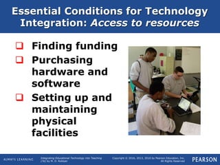 Integrating Educational Technology into Teaching
(7e) by M. D. Roblyer
Copyright © 2016, 2013, 2010 by Pearson Education, Inc.
All Rights Reserved
Essential Conditions for Technology
Integration: Access to resources
 Finding funding
 Purchasing
hardware and
software
 Setting up and
maintaining
physical
facilities
 