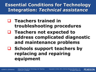 Integrating Educational Technology into Teaching
(7e) by M. D. Roblyer
Copyright © 2016, 2013, 2010 by Pearson Education, Inc.
All Rights Reserved
 Teachers trained in
troubleshooting procedures
 Teachers not expected to
address complicated diagnostic
and maintenance problems
 Schools support teachers by
replacing and repairing
equipment
Essential Conditions for Technology
Integration: Technical assistance
 
