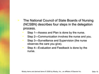 The National Council of State Boards of Nursing (NCSBN) describes four steps in the delegation process. Step 1—Assess and Plan is done by the nurse. Step 2—Communication involves the nurse and you. Step 3—Surveillance and Supervision (the nurse observes the care you give). Step 4—Evaluation and Feedback is done by the nurse. 