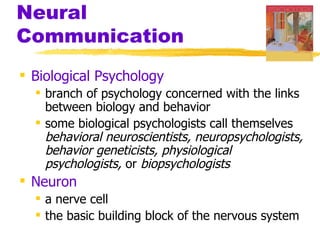 Neural
Communication
 Biological Psychology
   branch of psychology concerned with the links
    between biology and behavior
   some biological psychologists call themselves
    behavioral neuroscientists, neuropsychologists,
    behavior geneticists, physiological
    psychologists, or biopsychologists
 Neuron
   a nerve cell
   the basic building block of the nervous system
 