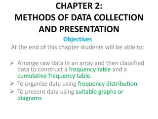 CHAPTER 2:
METHODS OF DATA COLLECTION
AND PRESENTATION
Objectives
At the end of this chapter students will be able to:
 Arrange raw data in an array and then classified
data to construct a frequency table and a
cumulative frequency table.
 To organize data using frequency distribution.
 To present data using suitable graphs or
diagrams
 