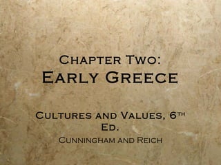 Chapter Two:
Early Greece
Cultures and Values, 6th
Ed.
Cunningham and Reich
 