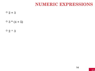 NUMERIC EXPRESSIONS
 2 + 3
 3 * (4 + 5)
 2 ^ 3
14
 