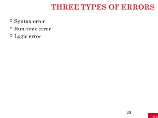 THREE TYPES OF ERRORS
 Syntax error
 Run-time error
 Logic error
30
 