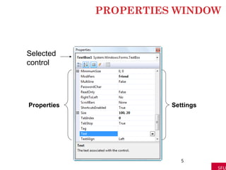 PROPERTIES WINDOW
5
Properties Settings
Selected
control
 