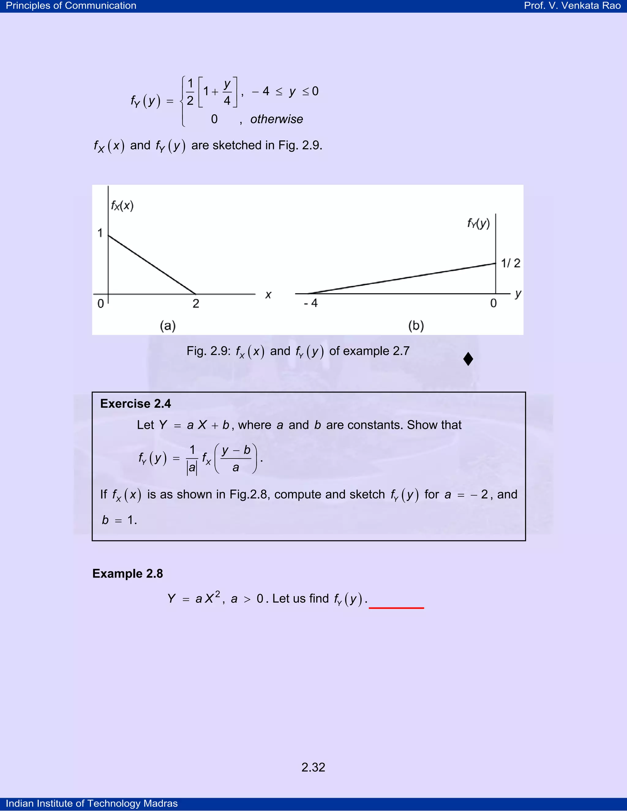 Principles of Communication

Prof. V. Venkata Rao

⎧1
⎪
fY ( y ) = ⎨ 2
⎪
⎩

y⎤
⎡
⎢1 + 4 ⎥ , − 4 ≤ y ≤ 0
⎣
⎦
0
, otherwise

f X ( x ) and fY ( y ) are sketched in Fig. 2.9.

Fig. 2.9: f X ( x ) and fY ( y ) of example 2.7

Exercise 2.4

Let Y = a X + b , where a and b are constants. Show that
fY ( y ) =

1 ⎛y − b⎞
fX ⎜
⎟.
a
⎝ a ⎠

If f X ( x ) is as shown in Fig.2.8, compute and sketch fY ( y ) for a = − 2 , and
b = 1.

Example 2.8
Y = a X 2 , a > 0 . Let us find fY ( y ) .

2.32
Indian Institute of Technology Madras

 