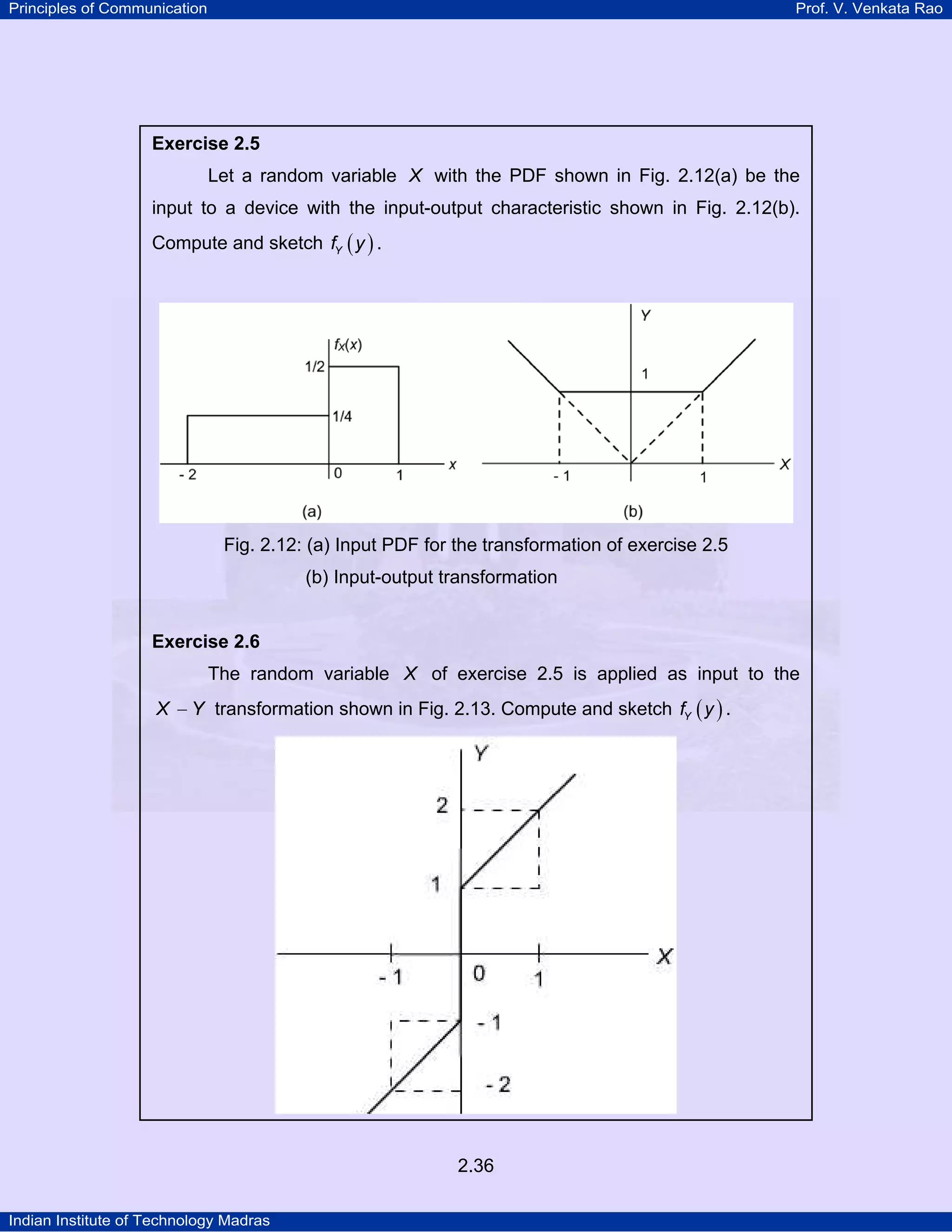 Principles of Communication

Prof. V. Venkata Rao

Exercise 2.5

Let a random variable X with the PDF shown in Fig. 2.12(a) be the
input to a device with the input-output characteristic shown in Fig. 2.12(b).
Compute and sketch fY ( y ) .

Fig. 2.12: (a) Input PDF for the transformation of exercise 2.5
(b) Input-output transformation

Exercise 2.6

The random variable X of exercise 2.5 is applied as input to the

X − Y transformation shown in Fig. 2.13. Compute and sketch fY ( y ) .

2.36
Indian Institute of Technology Madras

 