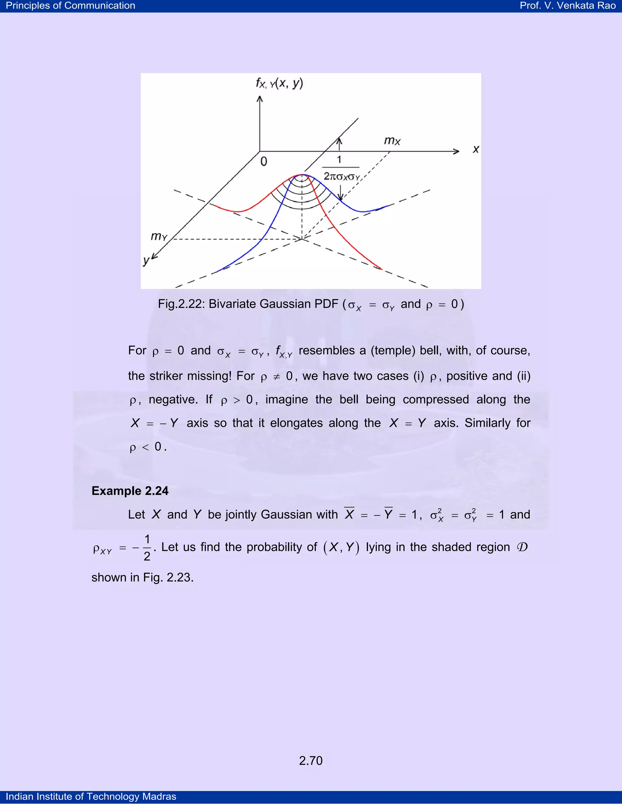 Principles of Communication

Prof. V. Venkata Rao

Fig.2.22: Bivariate Gaussian PDF ( σ X = σY and ρ = 0 )
For ρ = 0 and σ X = σY , f X ,Y resembles a (temple) bell, with, of course,
the striker missing! For ρ ≠ 0 , we have two cases (i) ρ , positive and (ii)

ρ , negative. If ρ > 0 , imagine the bell being compressed along the
X = − Y axis so that it elongates along the X = Y axis. Similarly for

ρ < 0.

Example 2.24
2
Let X and Y be jointly Gaussian with X = − Y = 1 , σ2 = σY = 1 and
X

ρX Y = −

1
. Let us find the probability of
2

shown in Fig. 2.23.

2.70
Indian Institute of Technology Madras

(X,Y)

lying in the shaded region

D

 