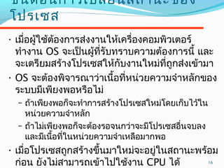 16
ขั้นตอนกำรเปลี่ยนสถำนะของ
โปรเซส
• เมื่อผู้ใช้ต้องกำรส่งงำนให้เครื่องคอมพิวเตอร์
ทำำงำน OS จะเป็นผู้ที่รับทรำบควำมต้องกำรนี้ และ
จะเตรียมสร้ำงโปรเซสให้กับงำนใหม่ที่ถูกส่งเข้ำมำ
• OS จะต้องพิจำรณำว่ำเนื้อที่หน่วยควำมจำำหลักของ
ระบบมีเพียงพอหรือไม่
– ถ้ำเพียงพอก็จะทำำกำรสร้ำงโปรเซสใหม่โดยเก็บไว้ใน
หน่วยควำมจำำหลัก
– ถ้ำไม่เพียงพอก็จะต้องรอจนกว่ำจะมีโปรเซสอื่นจบลง
และมีเนื้อที่ในหน่วยควำมจำำเหลือมำกพอ
• เมื่อโปรเซสถูกสร้ำงขึ้นมำใหม่จะอยู่ในสถำนะพร้อม
ก่อน ยังไม่สำมำรถเข้ำไปใช้งำน CPU ได้
 