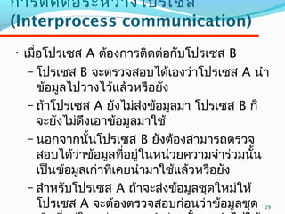 29
กำรติดต่อระหว่ำงโปรเซส
(Interprocess communication)
• เมื่อโปรเซส A ต้องกำรติดต่อกับโปรเซส B
– โปรเซส B จะตรวจสอบได้เองว่ำโปรเซส A นำำ
ข้อมูลไปวำงไว้แล้วหรือยัง
– ถ้ำโปรเซส A ยังไม่ส่งข้อมูลมำ โปรเซส B ก็
จะยังไม่ดึงเอำข้อมูลมำใช้
– นอกจำกนั้นโปรเซส B ยังต้องสำมำรถตรวจ
สอบได้ว่ำข้อมูลที่อยู่ในหน่วยควำมจำำร่วมนั้น
เป็นข้อมูลเก่ำที่เคยนำำมำใช้แล้วหรือยัง
– สำำหรับโปรเซส A ถ้ำจะส่งข้อมูลชุดใหม่ให้
โปรเซส A จะต้องตรวจสอบก่อนว่ำข้อมูลชุด
 