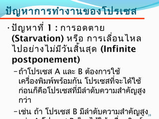 38
ปัญหาการทำางานของโปรเซส
•ปัญหาที่ 1 : การอดตาย
(Starvation) หรือ การเลื่อนไหล
ไปอย่างไม่มีวันสิ้นสุด (Infinite
postponement)
–ถ้าโปรเซส A และ B ต้องการใช้
เครื่องพิมพ์พร้อมกัน โปรเซสที่จะได้ใช้
ก่อนก็คือโปรเซสที่มีลำาดับความสำาคัญสูง
กว่า
–เช่น ถ้า โปรเซส B มีลำาดับความสำาคัญสูง
 
