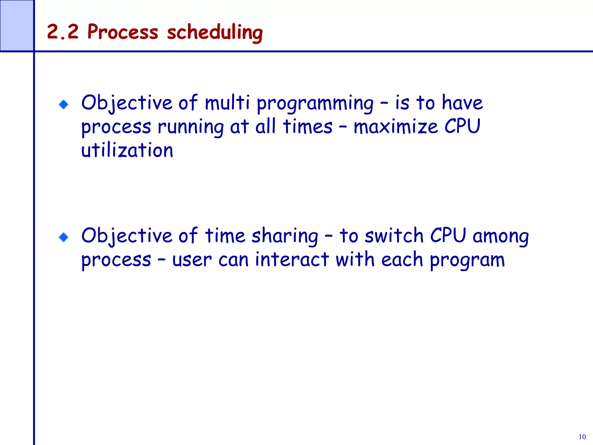 10
2.2 Process scheduling
Objective of multi programming – is to have
process running at all times – maximize CPU
utilization
Objective of time sharing – to switch CPU among
process – user can interact with each program
 
