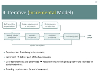 18
4. Iterative (Incremental Model)
Define outline
requirements
Assign requirements
to increments
Design system
architecture
Develop system
increment
Validate
increment
Integrate
increment
Validate system
Final
system
System incomplete
 Development & delivery in increments.
 Increment  deliver part of the functionality.
 User requirements are prioritized  Requirements with highest priority are included in
early increments.
 Freezing requirements for each increment.
 