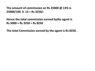 The amount of commission on Rs 25000 @ 13% is
25000/100 X 13 = Rs 3250/-
Hence the total commission earned bythe agent is
Rs 5000 + Rs 3250 = Rs 8250
The total Commission earned by the agent is Rs 8250 .
 