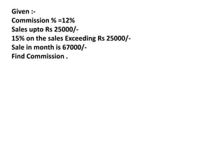 Given :-
Commission % =12%
Sales upto Rs 25000/-
15% on the sales Exceeding Rs 25000/-
Sale in month is 67000/-
Find Commission .
 