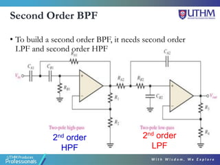 Second Order BPF
• To build a second order BPF, it needs second order
LPF and second order HPF
2nd order
LPF
2nd order
HPF
 