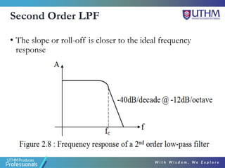 Second Order LPF
• The slope or roll-off is closer to the ideal frequency
response
 