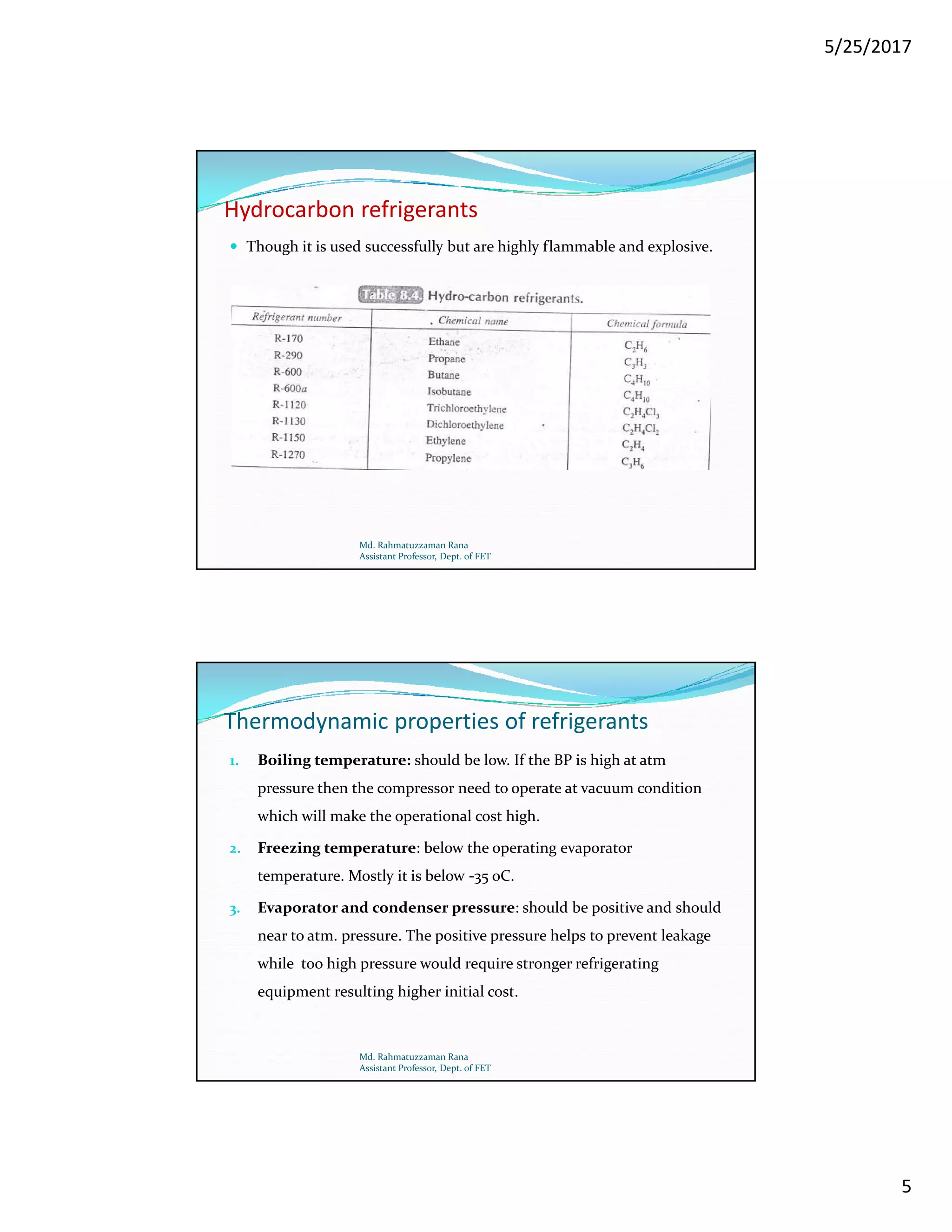 5/25/2017
5
Hydrocarbon refrigerants
 Though it is used successfully but are highly flammable and explosive.
Md. Rahmatuzzaman Rana
Assistant Professor, Dept. of FET
Thermodynamic properties of refrigerants
1. Boiling temperature: should be low. If the BP is high at atm
pressure then the compressor need to operate at vacuum condition
which will make the operational cost high.
2. Freezing temperature: below the operating evaporator
temperature. Mostly it is below -35 oC.
3. Evaporator and condenser pressure: should be positive and should
near to atm. pressure. The positive pressure helps to prevent leakage
while too high pressure would require stronger refrigerating
equipment resulting higher initial cost.
Md. Rahmatuzzaman Rana
Assistant Professor, Dept. of FET
 