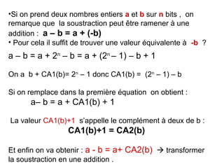 •Si on prend deux nombres entiers a et b sur n bits , on
remarque que la soustraction peut être ramener à une
addition : a – b = a + (-b)
• Pour cela il suffit de trouver une valeur équivalente à -b ?
a – b = a + 2n – b = a + (2n – 1) – b + 1

On a b + CA1(b)= 2n – 1 donc CA1(b) = (2n – 1) – b

Si on remplace dans la première équation on obtient :
       a– b = a + CA1(b) + 1

La valeur CA1(b)+1 s’appelle le complément à deux de b :
                  CA1(b)+1 = CA2(b)

Et enfin on va obtenir : a - b = a+ CA2(b)  transformer
la soustraction en une addition .
 