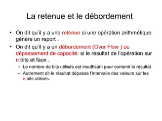 La retenue et le débordement
• On dit qu’il y a une retenue si une opération arithmétique
  génère un report .
• On dit qu’il y a un débordement (Over Flow ) ou
  dépassement de capacité: si le résultat de l’opération sur
  n bits et faux .
   – Le nombre de bits utilisés est insuffisant pour contenir le résultat
   – Autrement dit le résultat dépasse l’intervalle des valeurs sur les
     n bits utilisés.
 