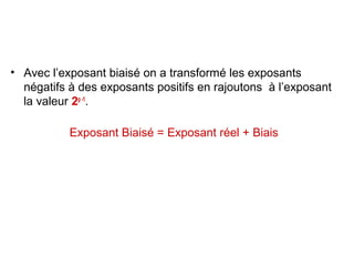• Avec l’exposant biaisé on a transformé les exposants
  négatifs à des exposants positifs en rajoutons à l’exposant
  la valeur 2p -1.

           Exposant Biaisé = Exposant réel + Biais
 