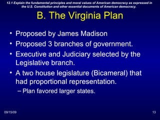 B. The Virginia Plan Proposed by James Madison Proposed 3 branches of government. Executive and Judiciary selected by the Legislative branch. A two house legislature (Bicameral) that had proportional representation. Plan favored larger states. 09/15/09 12.1 Explain the fundamental principles and moral values of American democracy as expressed in the U.S. Constitution and other essential documents of American democracy.  