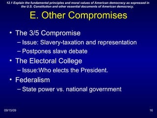 E. Other Compromises The 3/5 Compromise Issue: Slavery-taxation and representation Postpones slave debate The Electoral College Issue:Who elects the President. Federalism State power vs. national government 09/15/09 12.1 Explain the fundamental principles and moral values of American democracy as expressed in the U.S. Constitution and other essential documents of American democracy.  