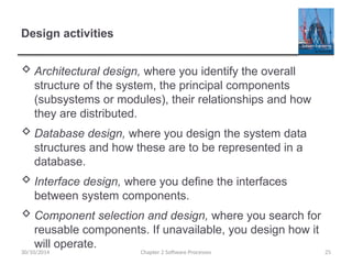 Design activities
 Architectural design, where you identify the overall
structure of the system, the principal components
(subsystems or modules), their relationships and how
they are distributed.
 Database design, where you design the system data
structures and how these are to be represented in a
database.
 Interface design, where you define the interfaces
between system components.
 Component selection and design, where you search for
reusable components. If unavailable, you design how it
will operate.
Chapter 2 Software Processes 25
30/10/2014
 