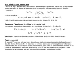 Cas général avec neutre relié
Le point N* étant relié au neutre N du réseau, les tensions appliquées aux bornes des dipôles sont les
tensions simples du réseau, et les courants en ligne sont les mêmes que les courants dans les
récepteurs.
v1N∗ = v1N v2N∗ = v2N v3N∗ = v3N
iN = i1 + i2 + i3
Soit, en complexe :
IN = I1 + I2 + I3 avec I1 = V1N / Z1 I2 = V2N / Z 2 I3 = V3N / Z3
où Z1, Z2 et Z3 sont respectivement les impédances des dipôles D1, D2 et D3.
Récepteur (ou charge) équilibré avec neutre relié
Le récepteur est équilibré si les dipôles sont identiques. Ce qui s’écrit : Z1 = Z2 = Z3
D’où : I1 = V1N / Z1 I2 = a2 V1N / Z2 = a2 I1 I3 = a V1N / Z3 = a I1
IN = I1 + I2 + I3 = I1 (1 + a2 + a) = 0
Remarque : Pour un récepteur équilibré couplé en étoile, le courant dans le neutre est nul.
Neutre non-relié
Si le point N* n’est pas relié au neutre N du réseau, les tensions aux bornes des dipôles dépendent
des dits dipôles. Si les dipôles du récepteur ne sont pas identiques, certains dipôles seront en sous-
tension et d’autres en sur-tension. Dans une installation, pour éviter un fonctionnement incorrect ou un
risque de détérioration d’appareils, le neutre doit toujours être relié, même si la charge est a priori
équilibrée car l’équilibre est précaire par nature, et un incident est toujours possible.
 