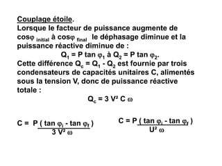 Couplage étoile.
Lorsque le facteur de puissance augmente de
cos initial à cos final le déphasage diminue et la
puissance réactive diminue de :
Q1 = P tan 1 à Q2 = P tan 2.
Cette différence Qc = Q1 - Q2 est fournie par trois
condensateurs de capacités unitaires C, alimentés
sous la tension V, donc de puissance réactive
totale :
Qc = 3 V² C 
C = P ( tan i - tan f )
3 V² 
C = P ( tan i - tan f )
U² 
 
