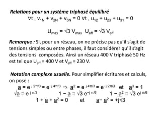 Relations pour un système triphasé équilibré
∀t , v1N + v2N + v3N = 0 ∀t , u12 + u23 + u31 = 0
Umax = √3 Vmax Ueff = √3 Veff
Remarque : Si, pour un réseau, on ne précise pas qu’il s’agit de
tensions simples ou entre phases, il faut considérer qu’il s’agit
des tensions composées. Ainsi un réseau 400 V triphasé 50 Hz
est tel que Ueff = 400 V et Veff = 230 V.
Notation complexe usuelle. Pour simplifier écritures et calculs,
on pose :
a = e j 2π/3 = e−j 4π/3 ⇒ a2 = e j 4π/3 = e−j 2π/3 et a3 = 1
√a = e j π/3 1 − a = √3 e−j π/6 1 − a2 = √3 ej π/6
1 + a + a2 = 0 et a− a2 = +j√3
 